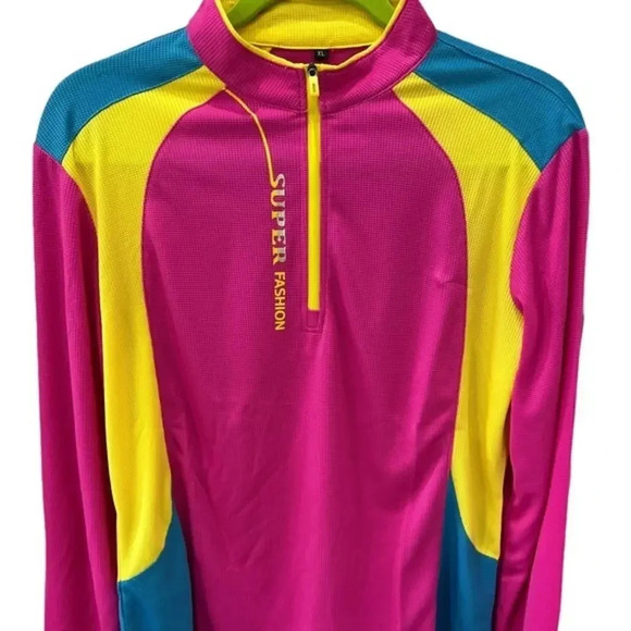 Color Block Zip‎ Front Pink Blue Yellow Shirt - Picture 1 of 7